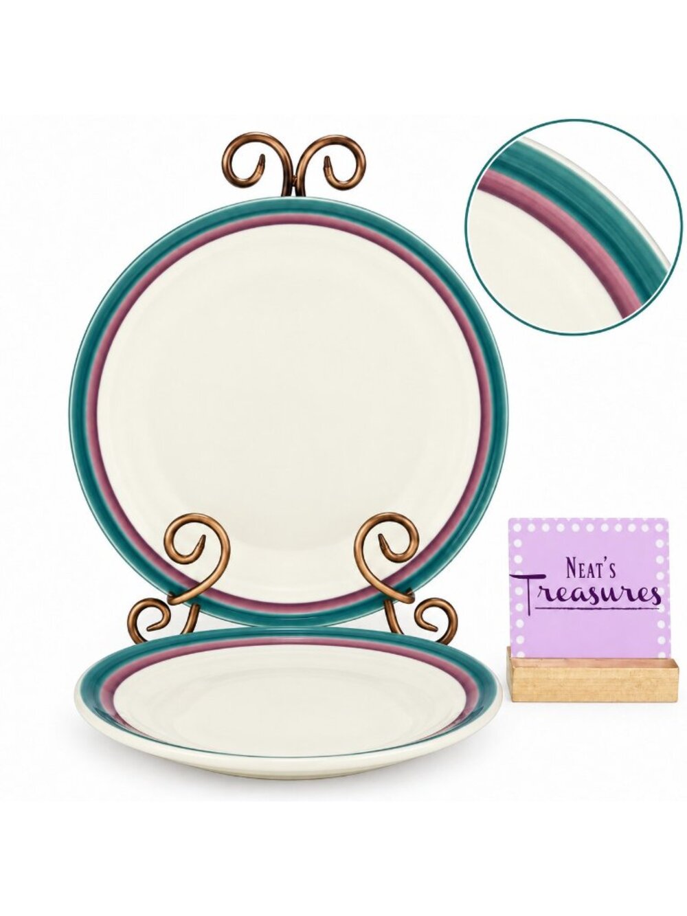 Pfaltzgraff JUNIPER Green Mauve Bands Stoneware 10" USA Dinner Plate Set of 2